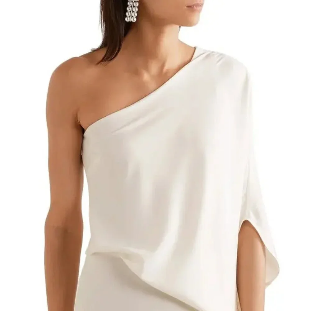 Halston  One-Shoulder Layered Crepe Mini Dress - White - Picture 2 of 3